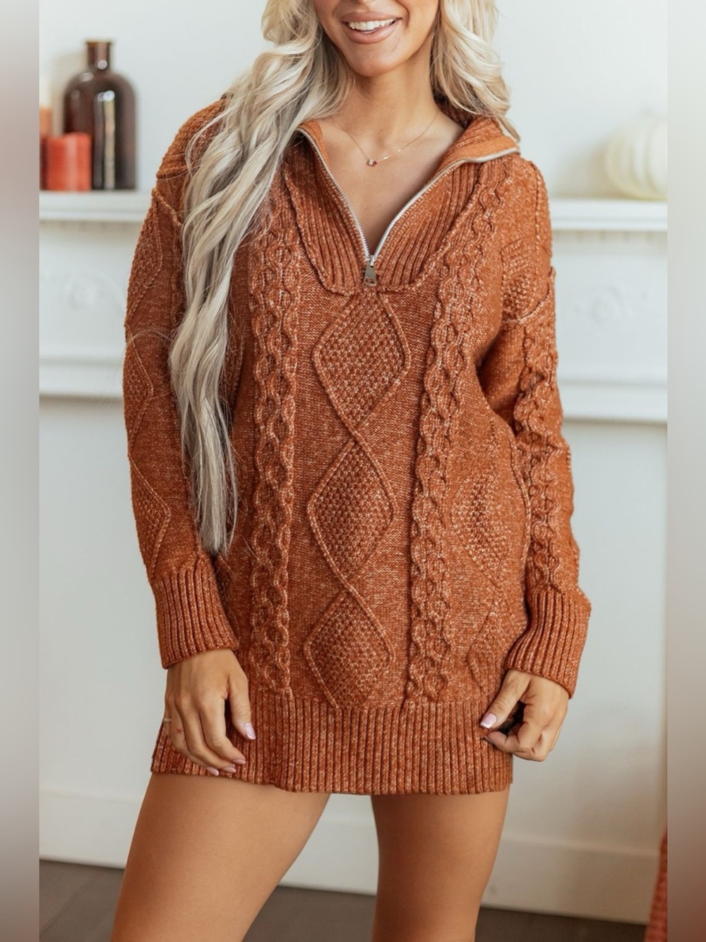 Zip-Up Cable Knit Drop Shoulder Sweater Dress - Picture 2 of 15